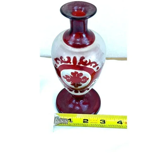 Antique Bohemian Ruby Glass Vases Pair Handblown Red Floral Design 7 Tall